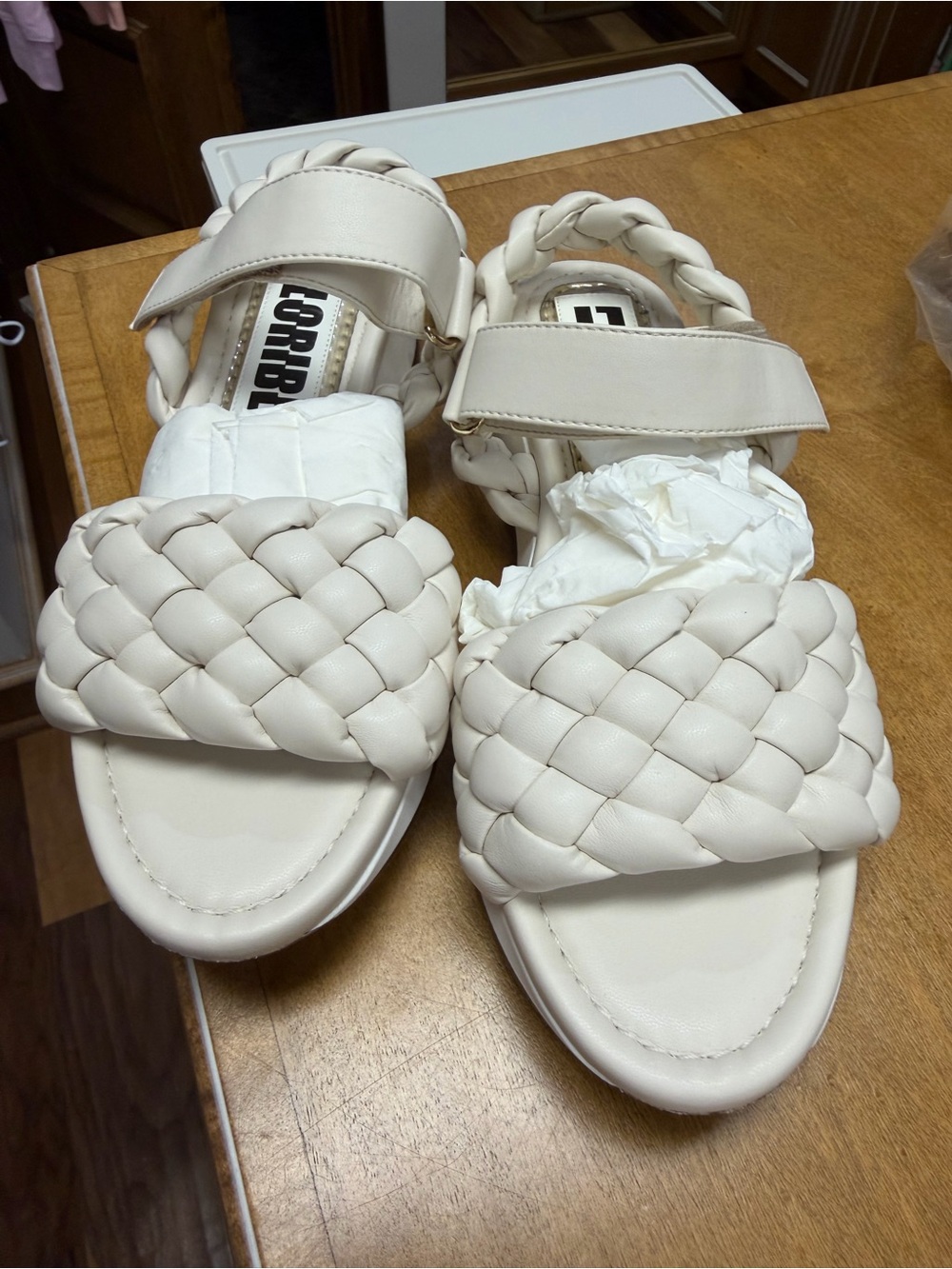 Braided Cream Women's Sandals with Velcro Strap